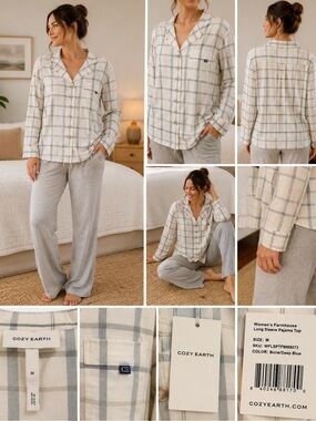 Cozy Earth Farmhouse Plaid Long Sleeve Pajama Top Bone/Deep Blue Size M NWT